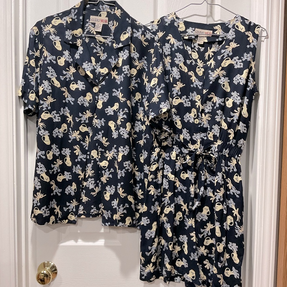 New floral romper/culottes dress with side pockets matching short sleeve shirt S